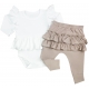 zestaw niemowlęcy dla dziewczynki bodysukienka ecru, spodnie z Falbanką
